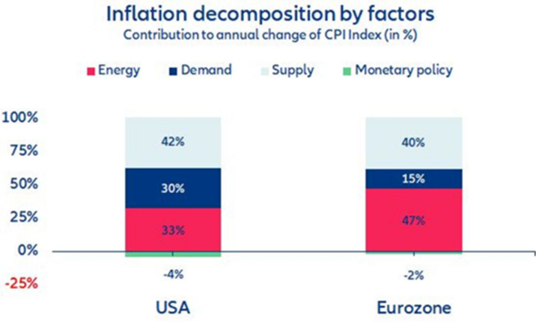 Bron: Allianz Research.  Toont aan hoe de huidige toename van de inflatie is opgebouwd, laat goed zien waarom beleidsbepalers ervoor kiezen om voor energie een prijsplafond in te stellen (in US wordt ongeveer 1/3 van de inflatiestijging veroorzaakt door energie, in Europa zelfs de helft)