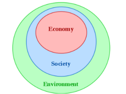 De economie staat niet op zichzelf maar is onderdeel van de samenleving en staat ten dienste van de samenleving (en niet andersom). En vervolgens staan de keuzes die in de samenleving worden gemaakt weer in directe verbinding met het milieu, waarbij deze laatste de beperkingen aangeeft voor de keuzes van de samenleving