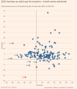 Rendementen 2022 van S&P 500 en 10 jaars Staatsobligatie VS in $. Bron: Financial Times.