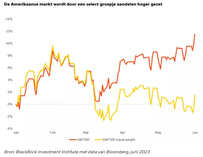 Bron: BlackRock Investment Institute met data van Bloomberg, juni 2023. Verschil in rendement tussen S&P 500 en S&P 500 gelijkgewogen samenstelling.