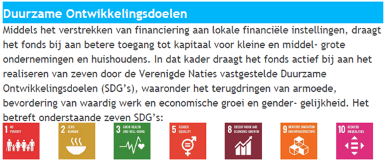 Bron: Factsheet van het fonds. Een aantal concrete ontwikkelingsdoelen van het fonds