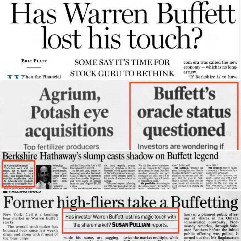 Krantenkoppen uit 1999, toen de strategie van Warren Buffett en Berkshire Hathaway breed in twijfel werd getrokken, kort voor de correctie op de technologiemarkt.
